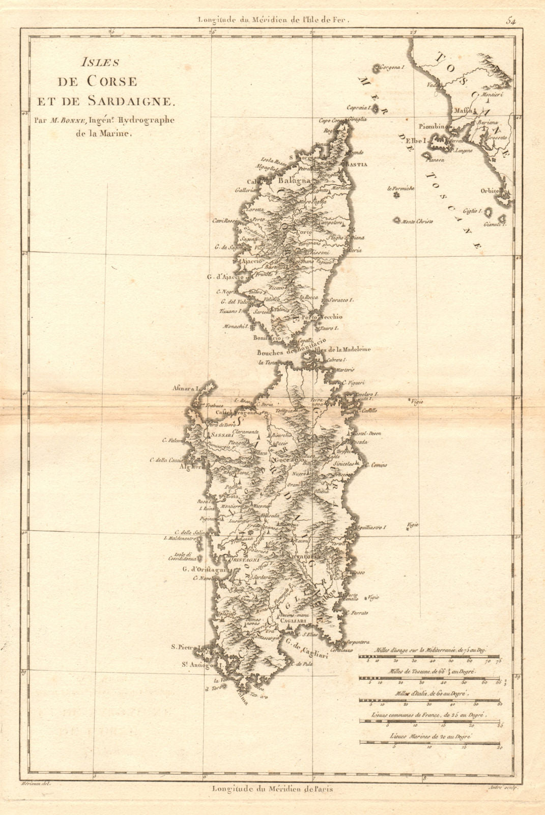 Isles de Corse et de Sardaigne. Corsica and Sardinia. BONNE 1787 old map